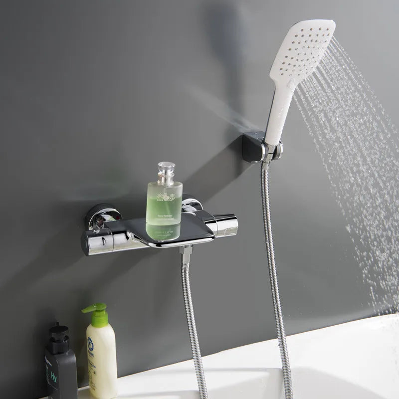Bathtub Shower Set Wall Mounted Black Thermostatic Shower Faucet Set White Bathroom Waterfall Bath & Shower Mixer Tap Brass