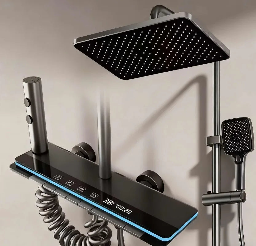 High Performance Piano Design Rainfall Shower Set LED Thermostat Display Shower System Complete Home Bathroom Shower Fixture