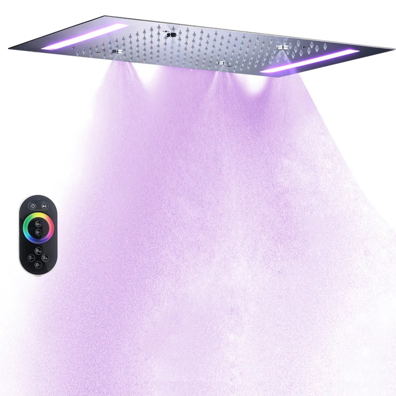 Ceiling Mount Spa Shower System With Led Light Atomizing and Rainfall Shower Head  Smart Modern Bathroom Shower Set 14*20Inch