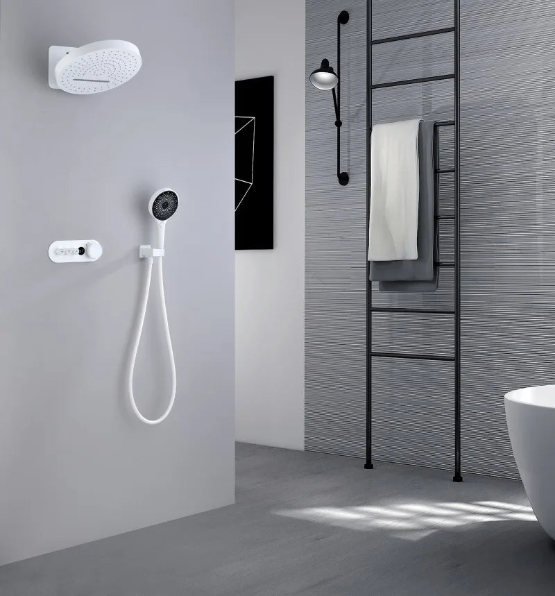 Bathroom Shower Faucet Set Brass Wall Mounted Thermostatic Rainfall style Shower Brush Gold /Gray Finished Three Functions