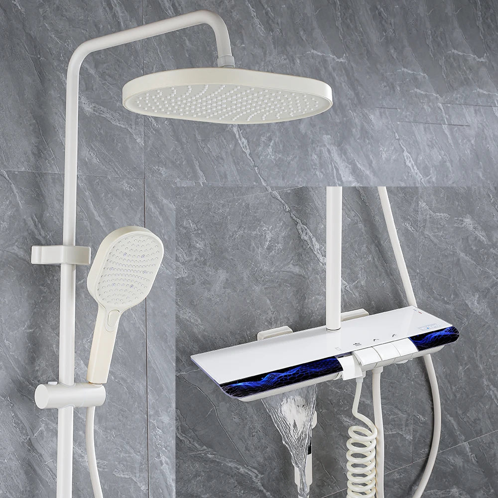 Ambient Lighting Digital Bathroom Shower System 12 Inch Rain Shower Head Waist Spray Thermostatic Digital Bathroom Shower Set