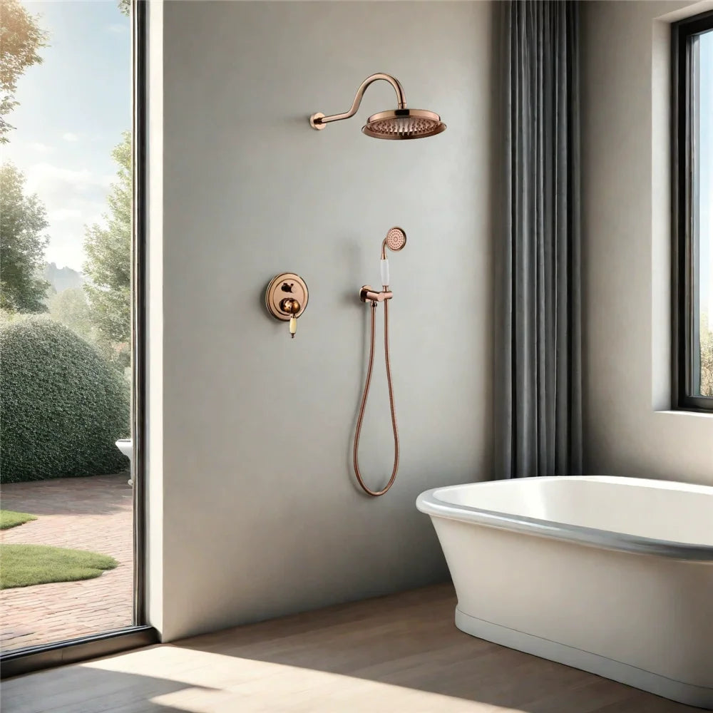 Antique Rainfall Shower Set Wall Mounted Brushed Gold Shower Faucet Set Total Brass Rose Gold Bath & Shower Mixer Tap Brass