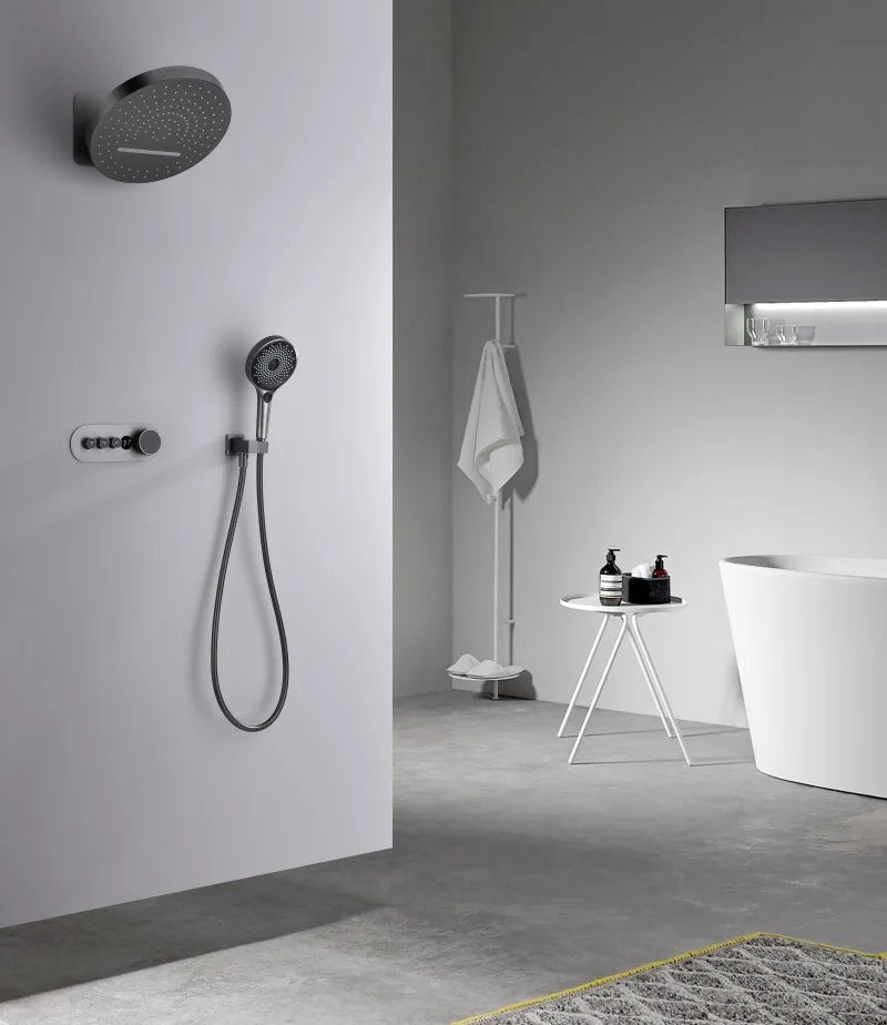 Bathroom Shower Faucet Set Brass Wall Mounted Thermostatic Rainfall style Shower Brush Gold /Gray Finished Three Functions