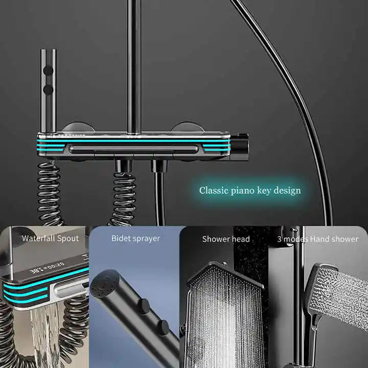 Ambient Lighting Digital Bathroom Shower System 12 Inch Rain Shower Head Waist Spray Thermostatic Digital Bathroom Shower Set