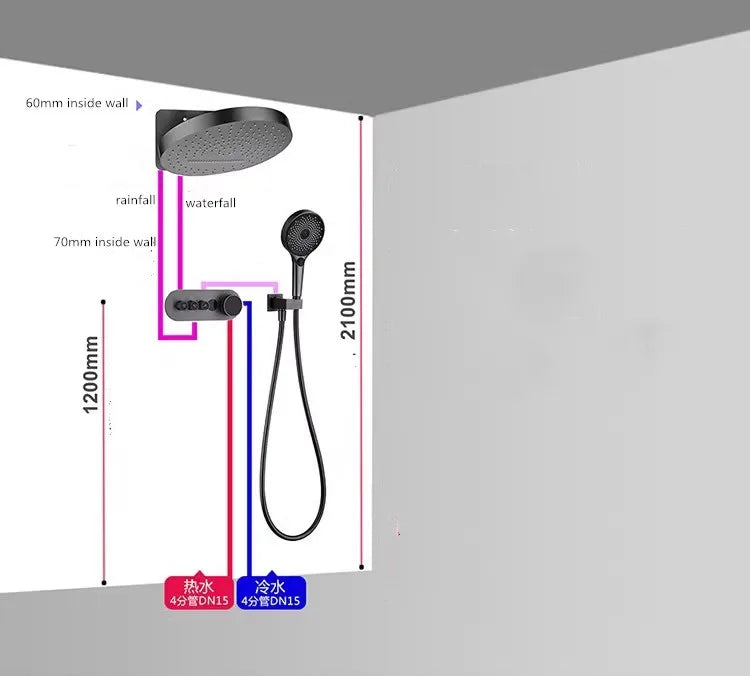 Bathroom Shower Faucet Set Brass Wall Mounted Thermostatic Rainfall style Shower Brush Gold /Gray Finished Three Functions