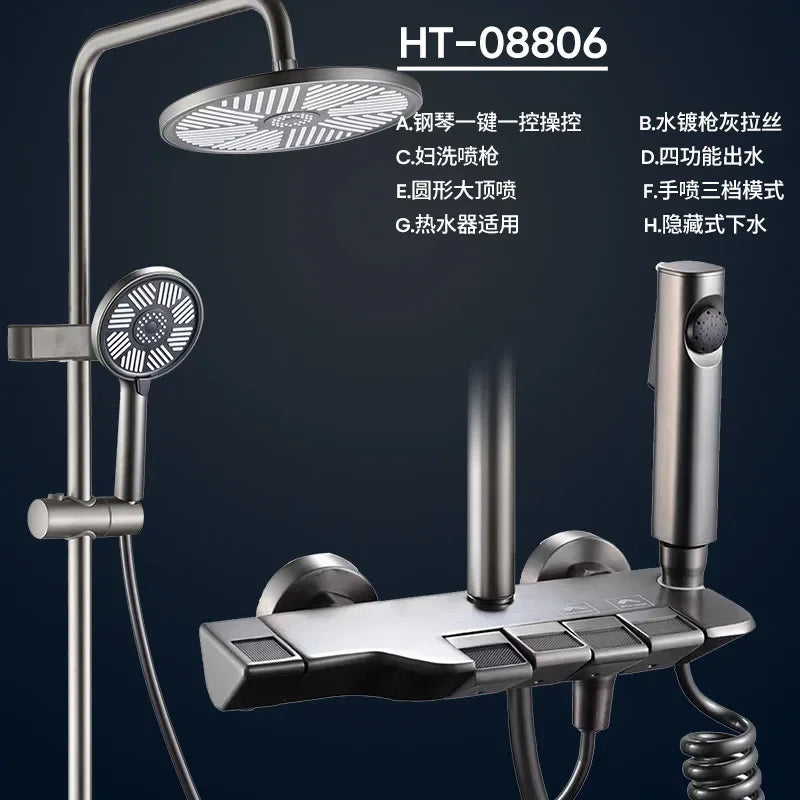 Grey Digital Shower Set Intelligent Brass Bathroom Faucets Hot Cold Waterfall Tap Rainfall Piano Design Shower System