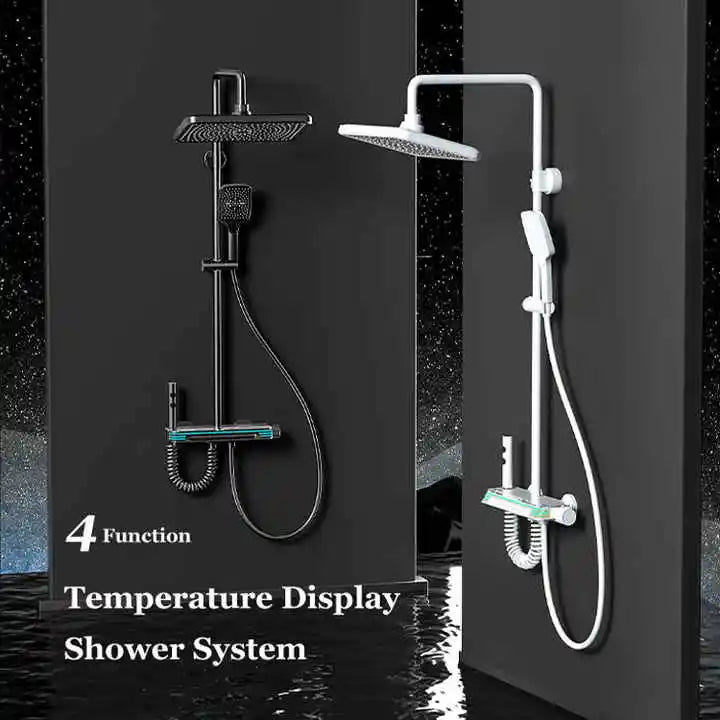 Ambient Lighting Digital Bathroom Shower System 12 Inch Rain Shower Head Waist Spray Thermostatic Digital Bathroom Shower Set