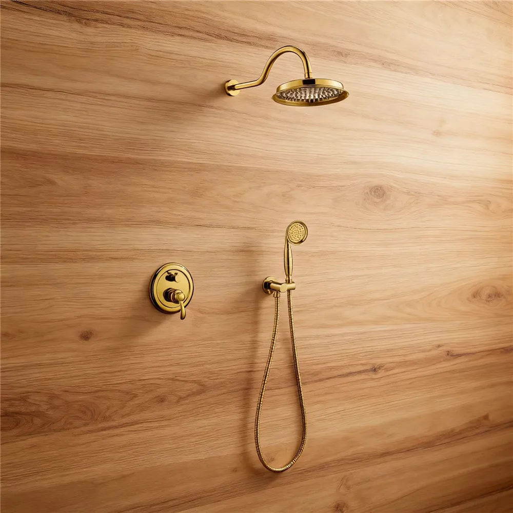 Antique Rainfall Shower Set Wall Mounted Brushed Gold Shower Faucet Set Total Brass Rose Gold Bath & Shower Mixer Tap Brass
