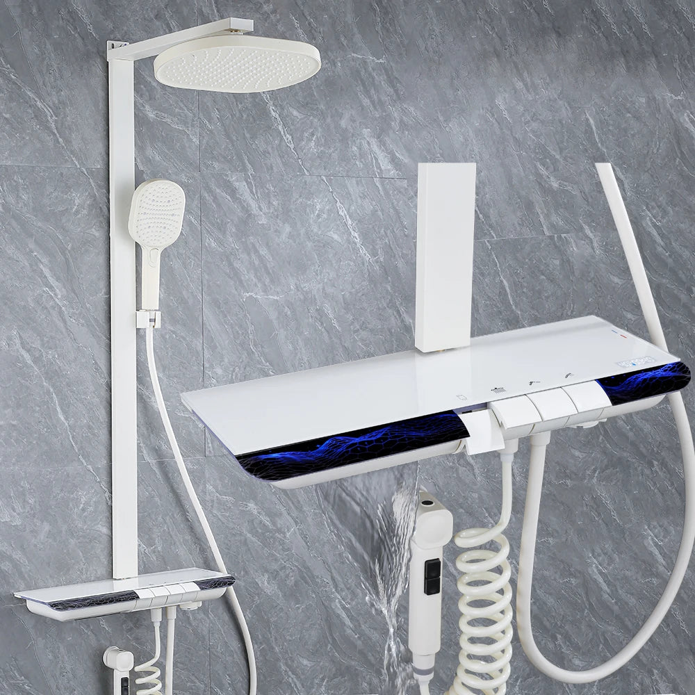 Ambient Lighting Digital Bathroom Shower System 12 Inch Rain Shower Head Waist Spray Thermostatic Digital Bathroom Shower Set