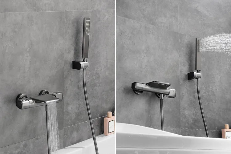 Bathtub Shower Set Wall Mounted Black Thermostatic Shower Faucet Set White Bathroom Waterfall Bath & Shower Mixer Tap Brass
