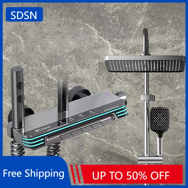 Ambient Lighting Digital Bathroom Shower System 12 Inch Rain Shower Head Waist Spray Thermostatic Digital Bathroom Shower Set