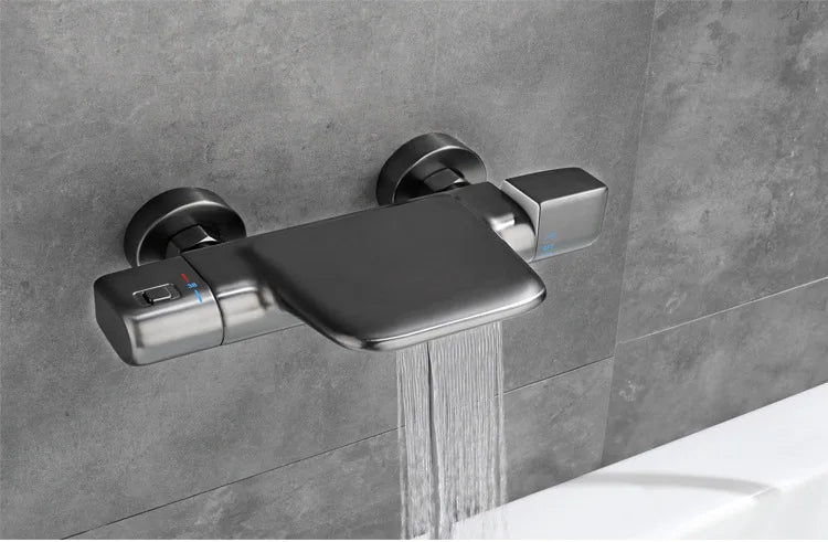 Bathtub Shower Set Wall Mounted Black Thermostatic Shower Faucet Set White Bathroom Waterfall Bath & Shower Mixer Tap Brass