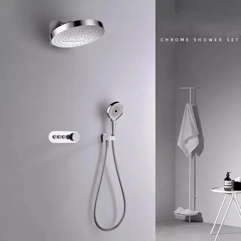 Bathroom Shower Faucet Set Brass Wall Mounted Thermostatic Rainfall style Shower Brush Gold /Gray Finished Three Functions