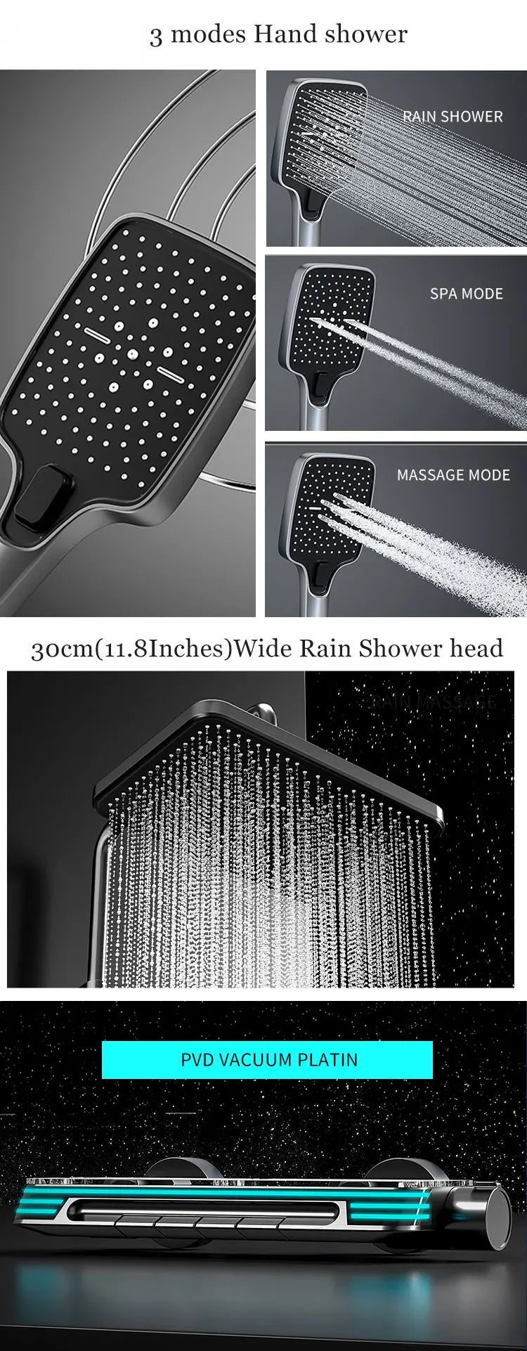 Ambient Lighting Digital Bathroom Shower System 12 Inch Rain Shower Head Waist Spray Thermostatic Digital Bathroom Shower Set