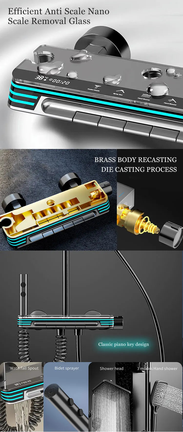 Ambient Lighting Digital Bathroom Shower System 12 Inch Rain Shower Head Waist Spray Thermostatic Digital Bathroom Shower Set