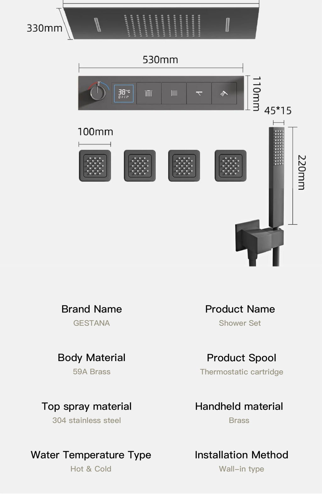 Bathroom black brass thermostatic shower set with LED digital display ceiling design,wall mounted with 4 functions Shower system