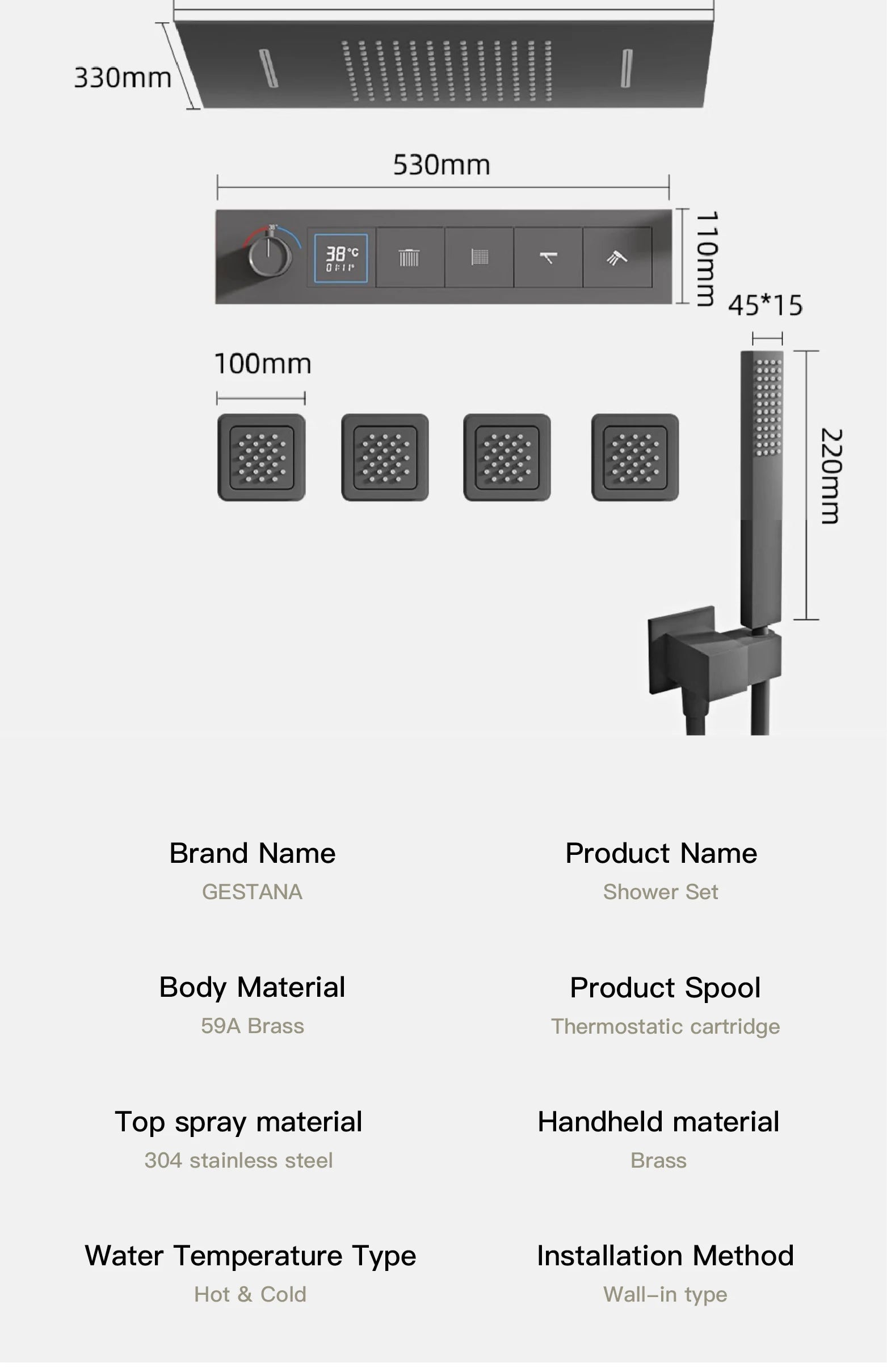 Bathroom black brass thermostatic shower set with LED digital display ceiling design,wall mounted with 4 functions Shower system