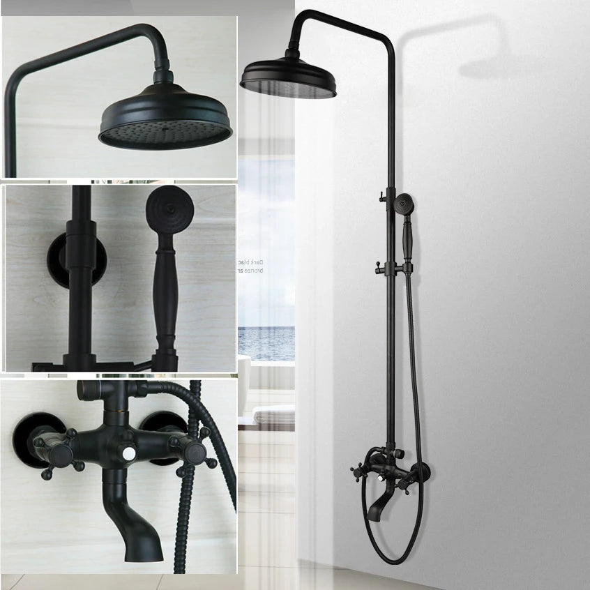 KEMAIDI Bathroom Black Shower Set Wall Mounted 8" Rainfall Shower Faucet 3-functions 2 Cross Handles Solid Brass Shower Fixtures