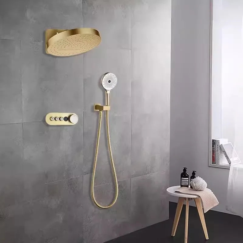 Bathroom Shower Faucet Set Brass Wall Mounted Thermostatic Rainfall style Shower Brush Gold /Gray Finished Three Functions
