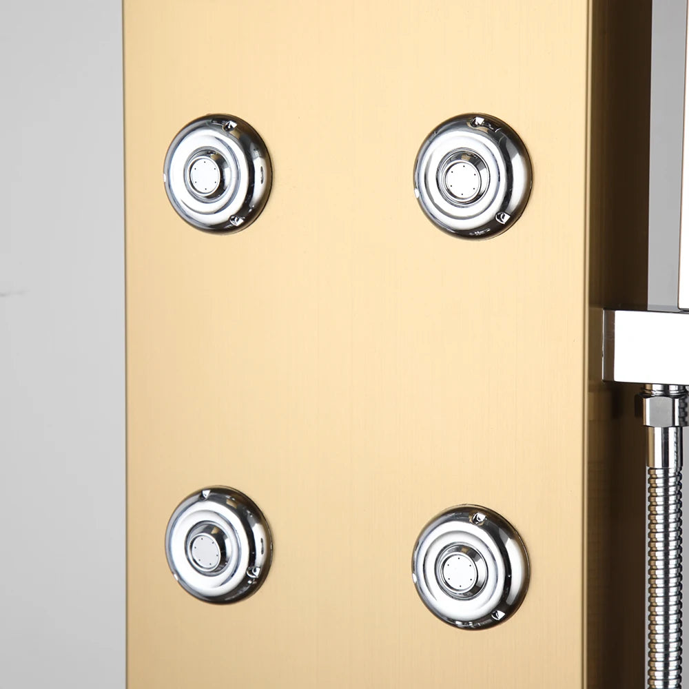 JIENI High-grade Bathroom Shower Column Golden Plated Wall Mounted w/ Shelf Hand shower Tub Spout Massage System Shower Panel