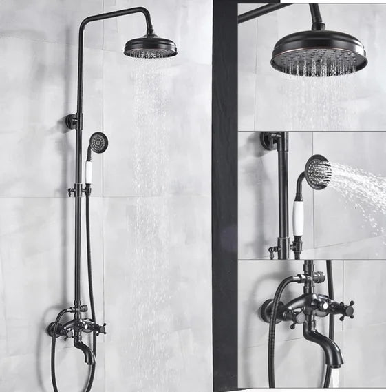 KEMAIDI Bathroom Black Shower Set Wall Mounted 8" Rainfall Shower Faucet 3-functions 2 Cross Handles Solid Brass Shower Fixtures