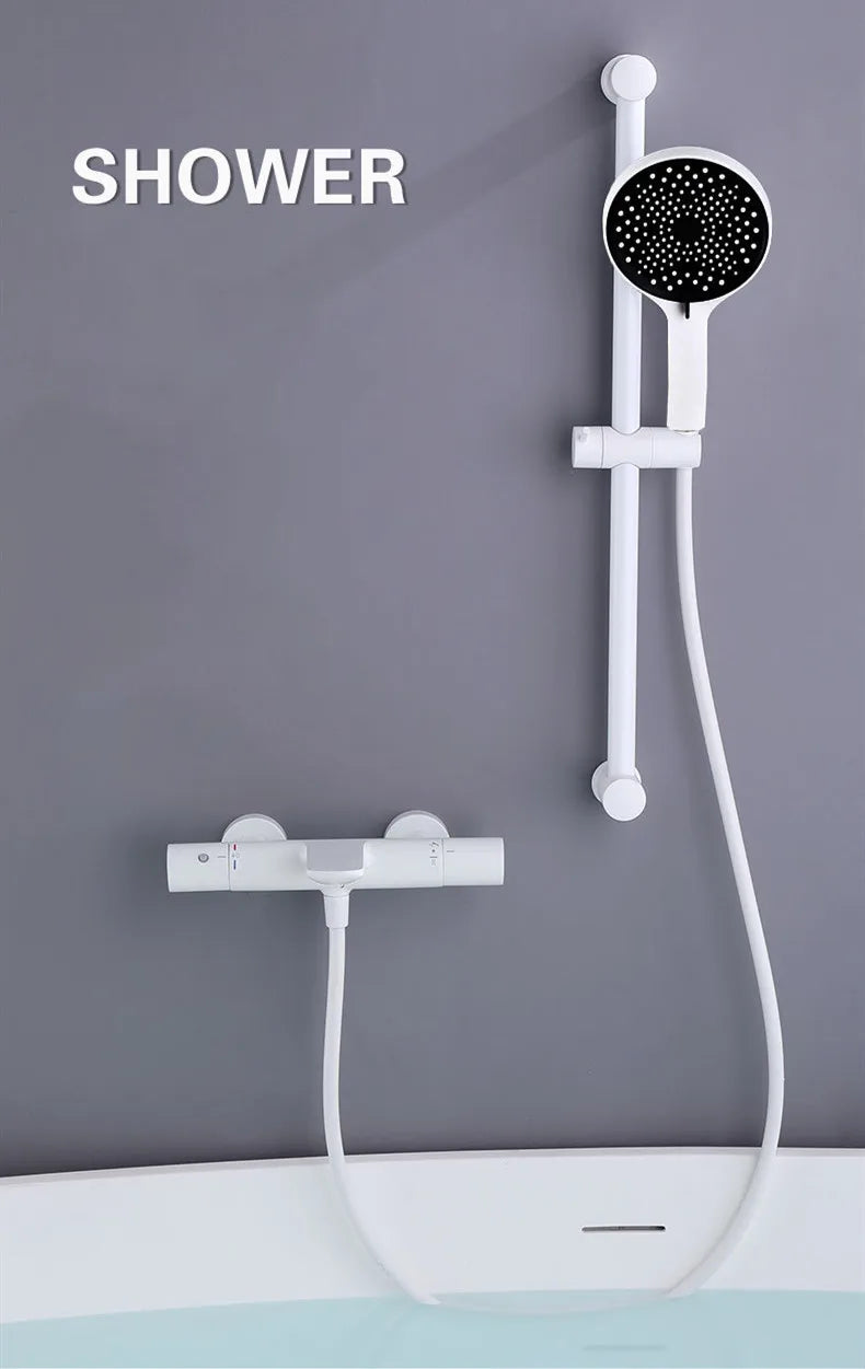 Bathroom Shower Faucet Set Wall Mounted White Brass Shower Faucet Set Black Gray Finished Thermostatic Modern Styel New