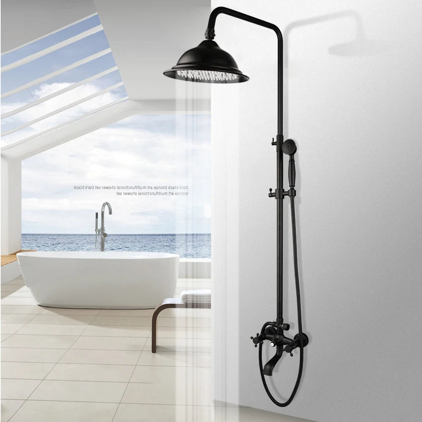 KEMAIDI Bathroom Black Shower Set Wall Mounted 8" Rainfall Shower Faucet 3-functions 2 Cross Handles Solid Brass Shower Fixtures