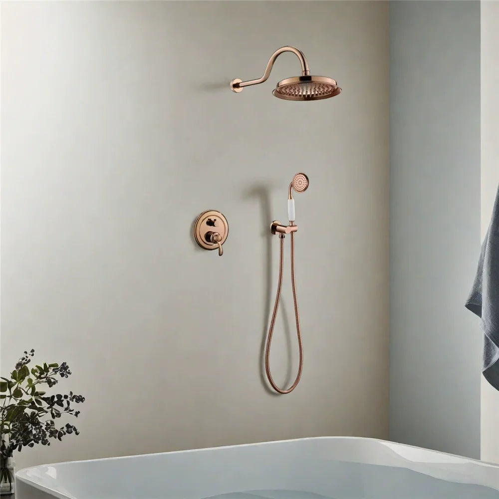 Antique Rainfall Shower Set Wall Mounted Brushed Gold Shower Faucet Set Total Brass Rose Gold Bath & Shower Mixer Tap Brass