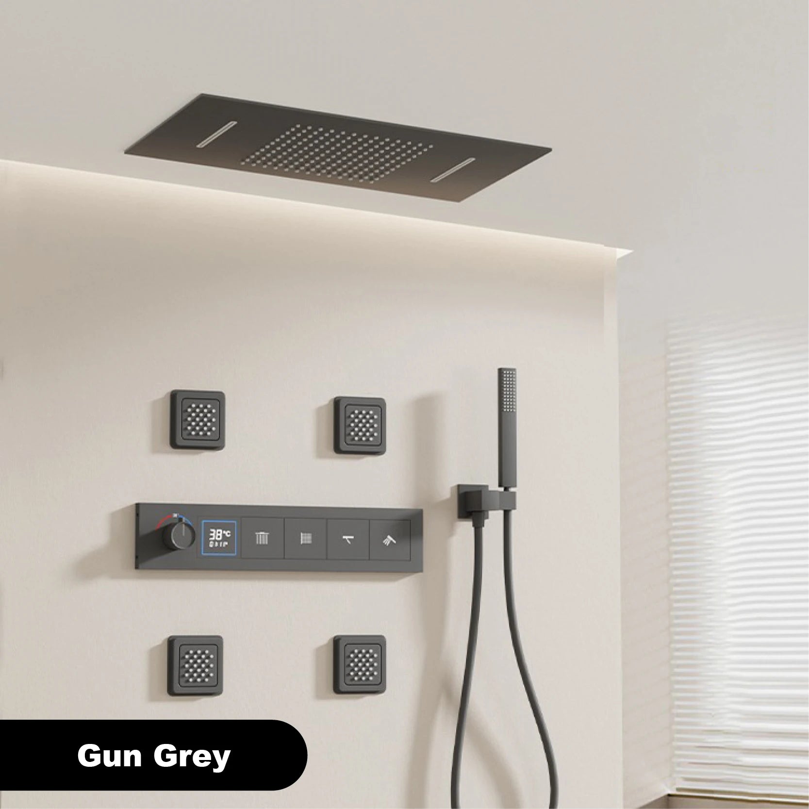 Bathroom black brass thermostatic shower set with LED digital display ceiling design,wall mounted with 4 functions Shower system