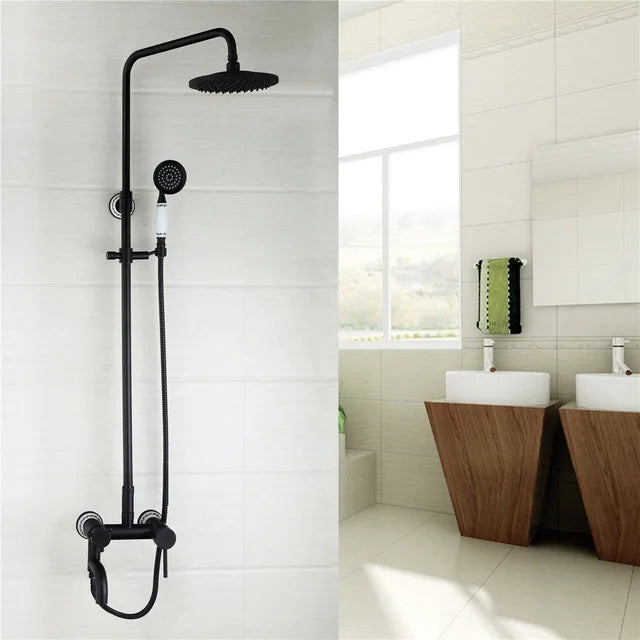KEMAIDI Bathroom Black Shower Set Wall Mounted 8" Rainfall Shower Faucet 3-functions 2 Cross Handles Solid Brass Shower Fixtures