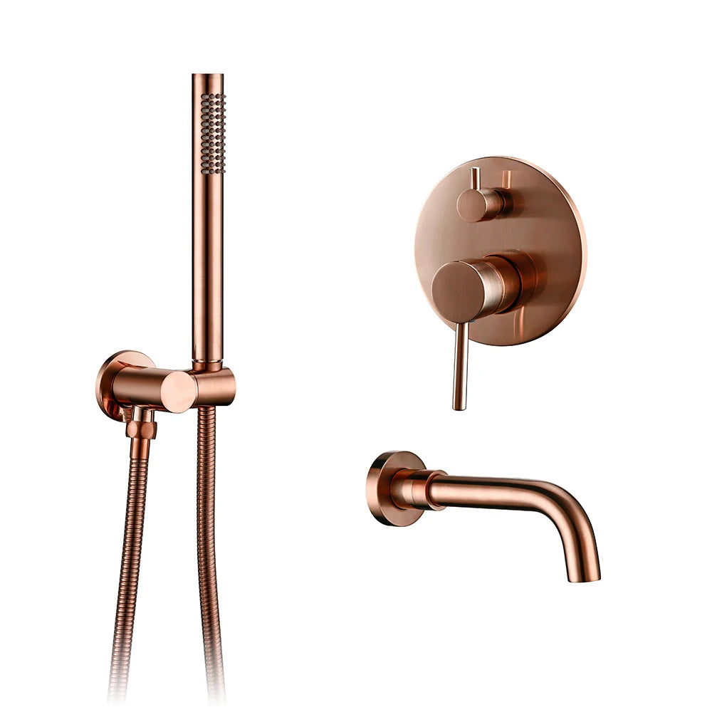 Brushed Rose Gold Wall Mounted Bathroom Shower Faucet Hot Cold Water Mixer Brass Handheld & Spout Tap