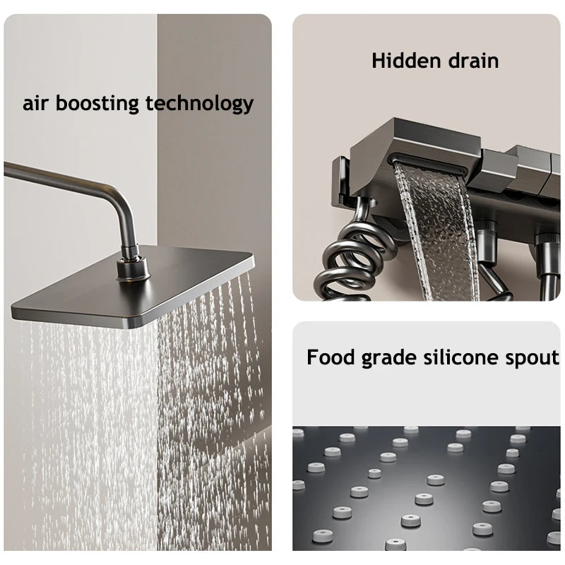 Bathroom Shower Full Set Gray Digital Display Shower System Set  Piano Button With Ambient Light Faucets Shower Head