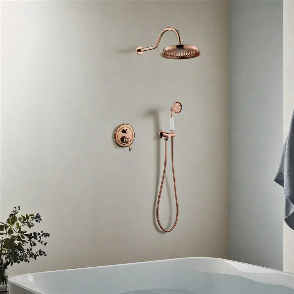 Antique Rainfall Shower Set Wall Mounted Brushed Gold Shower Faucet Set Total Brass Rose Gold Bath & Shower Mixer Tap Brass