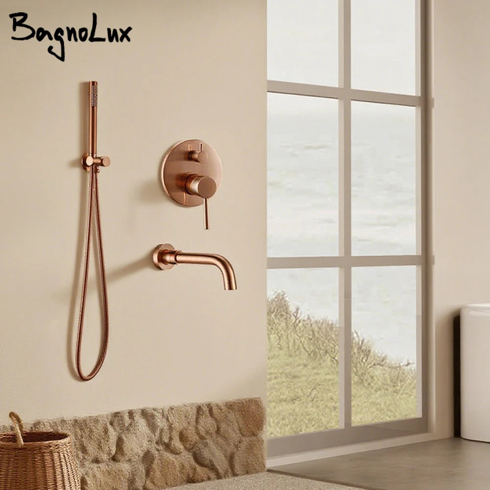 Brushed Rose Gold Wall Mounted Bathroom Shower Faucet Hot Cold Water Mixer Brass Handheld & Spout Tap