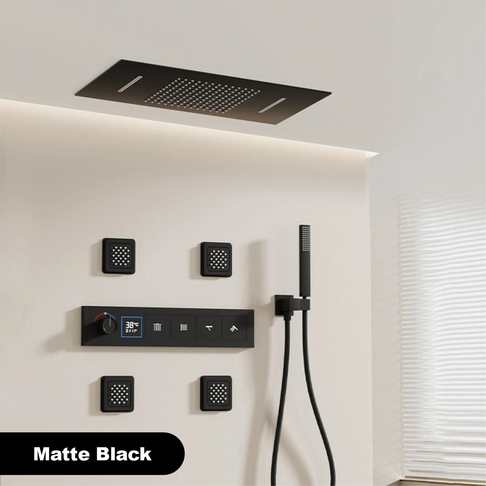 Bathroom black brass thermostatic shower set with LED digital display ceiling design,wall mounted with 4 functions Shower system