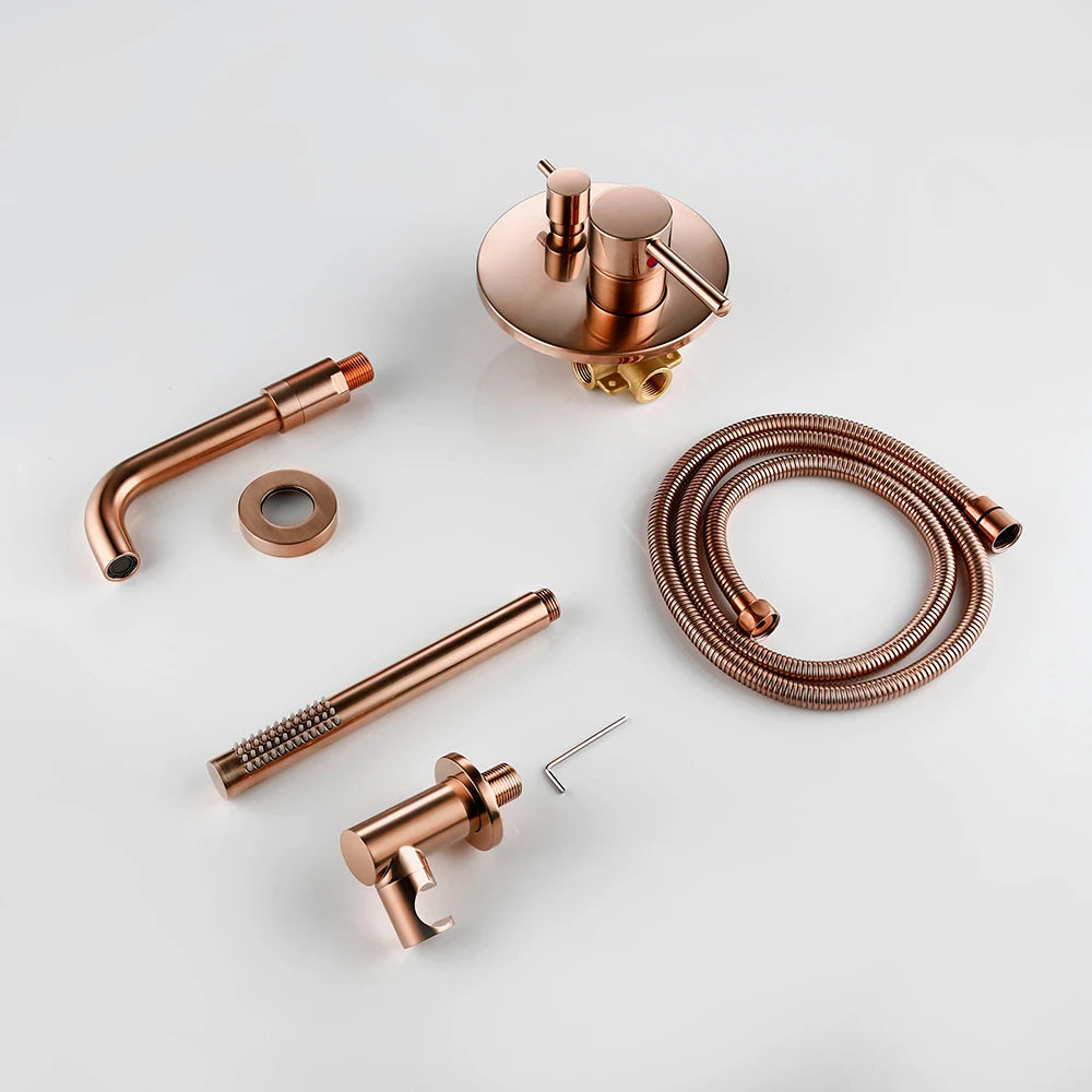 Brushed Rose Gold Wall Mounted Bathroom Shower Faucet Hot Cold Water Mixer Brass Handheld & Spout Tap