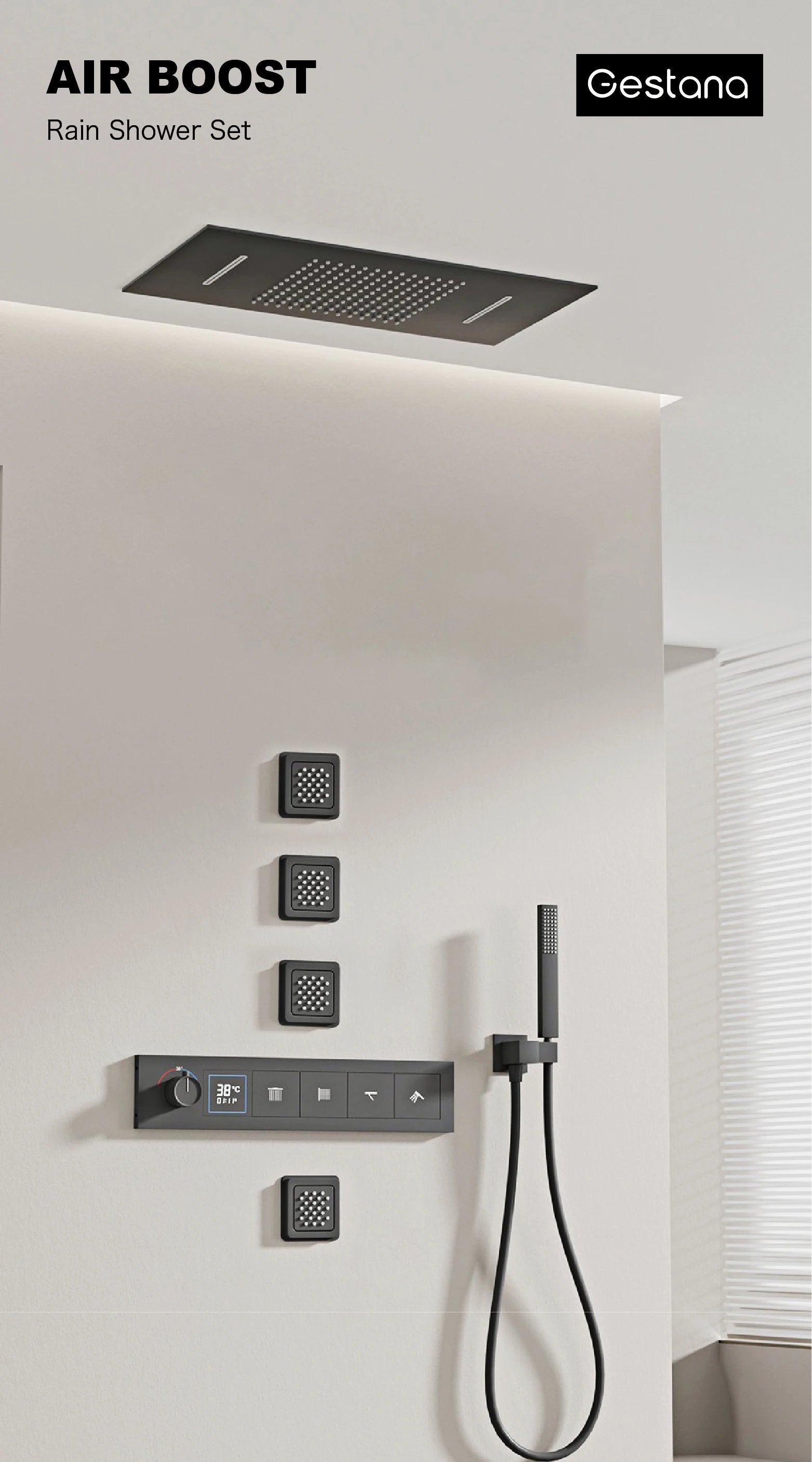 Bathroom black brass thermostatic shower set with LED digital display ceiling design,wall mounted with 4 functions Shower system