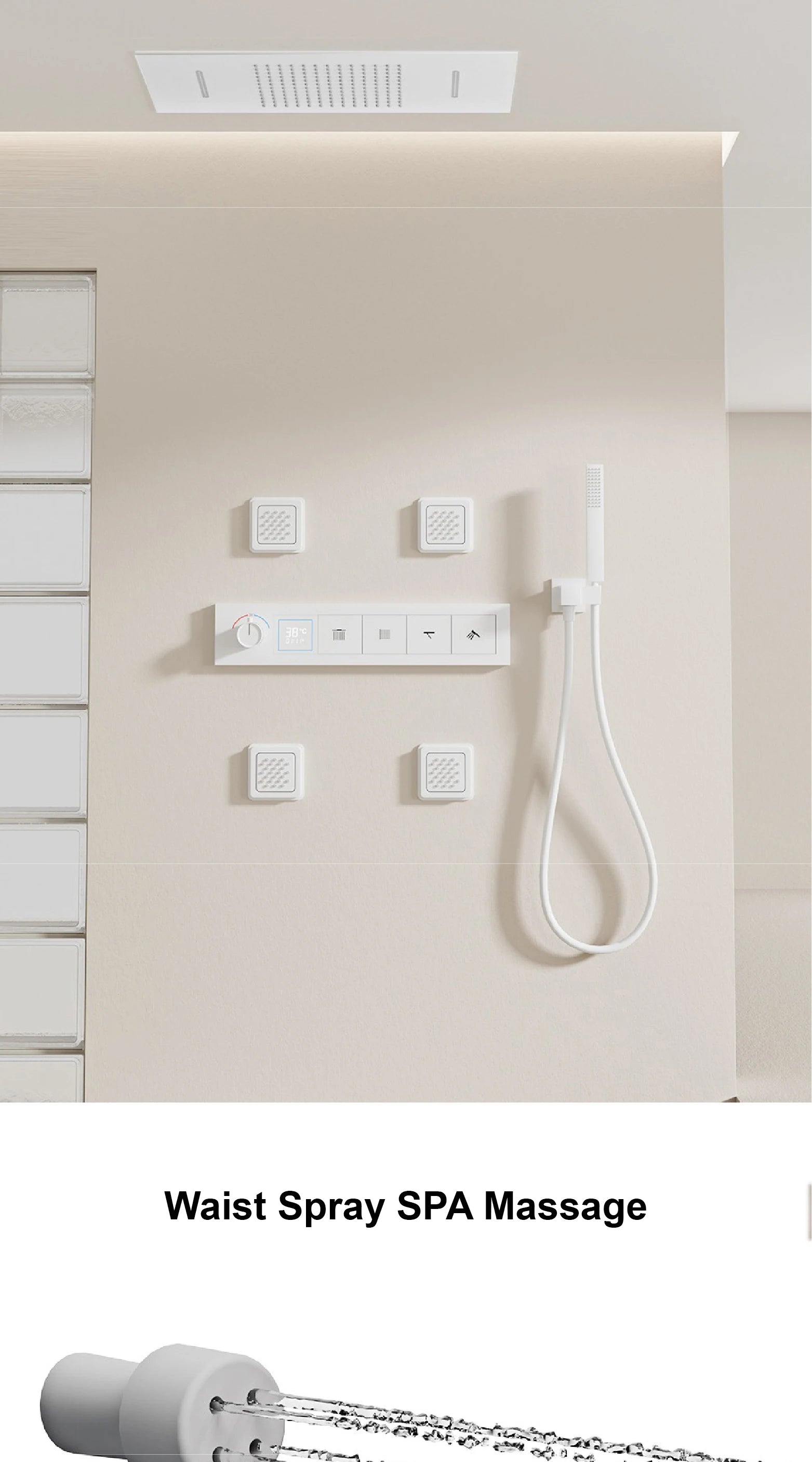 Bathroom black brass thermostatic shower set with LED digital display ceiling design,wall mounted with 4 functions Shower system