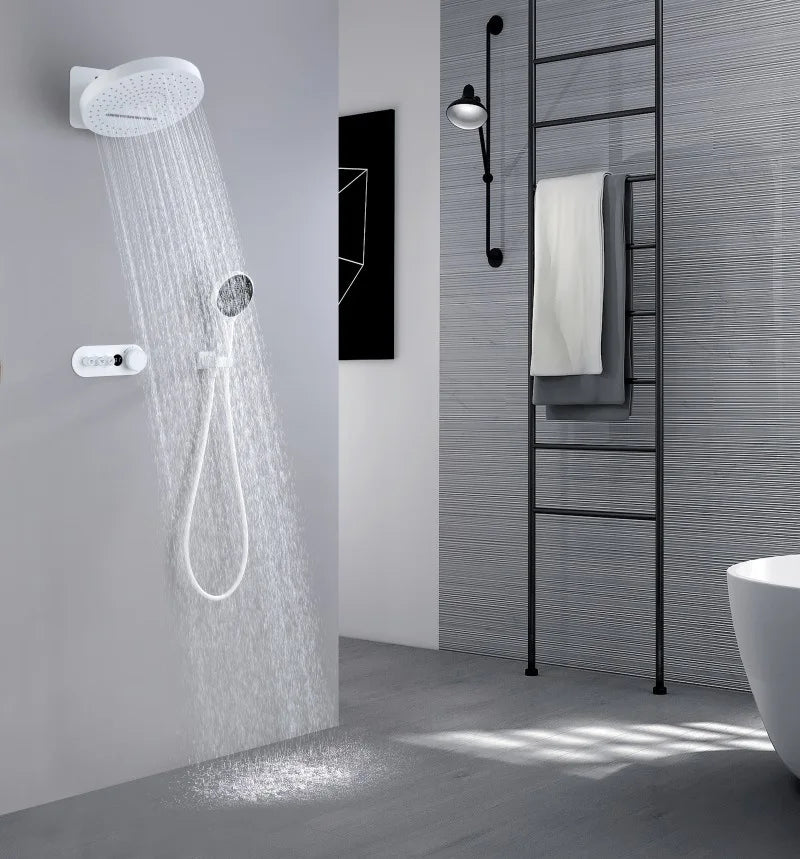 Bathroom Shower Faucet Set Brass Wall Mounted Thermostatic Rainfall style Shower Brush Gold /Gray Finished Three Functions