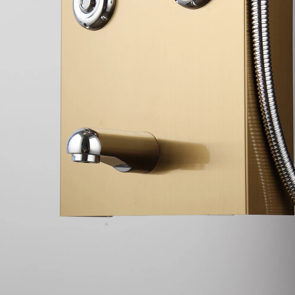 JIENI High-grade Bathroom Shower Column Golden Plated Wall Mounted w/ Shelf Hand shower Tub Spout Massage System Shower Panel