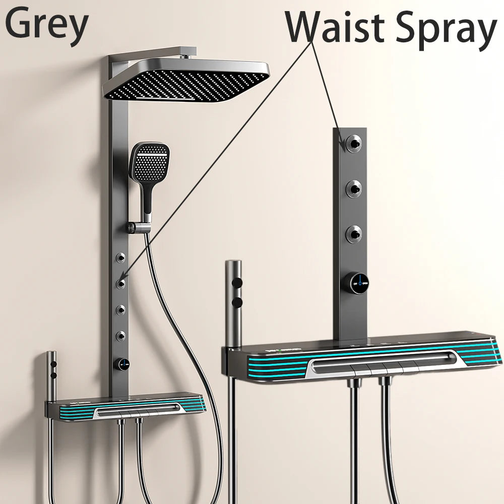Ambient Lighting Digital Bathroom Shower System 12 Inch Rain Shower Head Waist Spray Thermostatic Digital Bathroom Shower Set