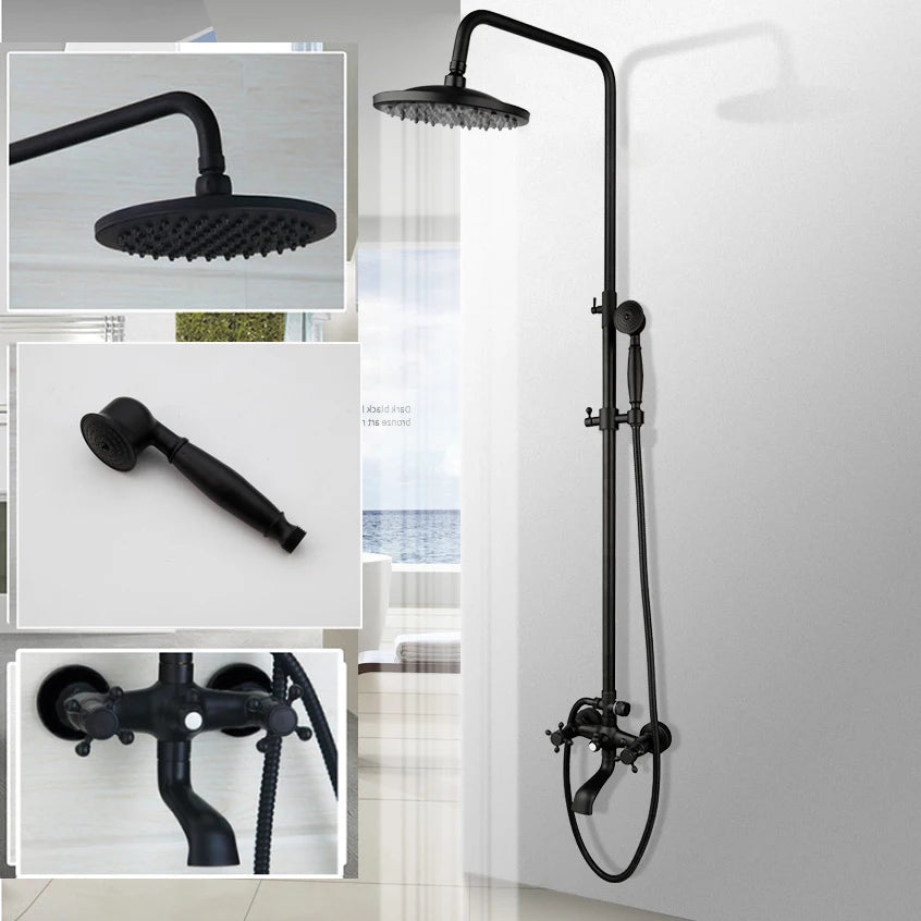KEMAIDI Bathroom Black Shower Set Wall Mounted 8" Rainfall Shower Faucet 3-functions 2 Cross Handles Solid Brass Shower Fixtures