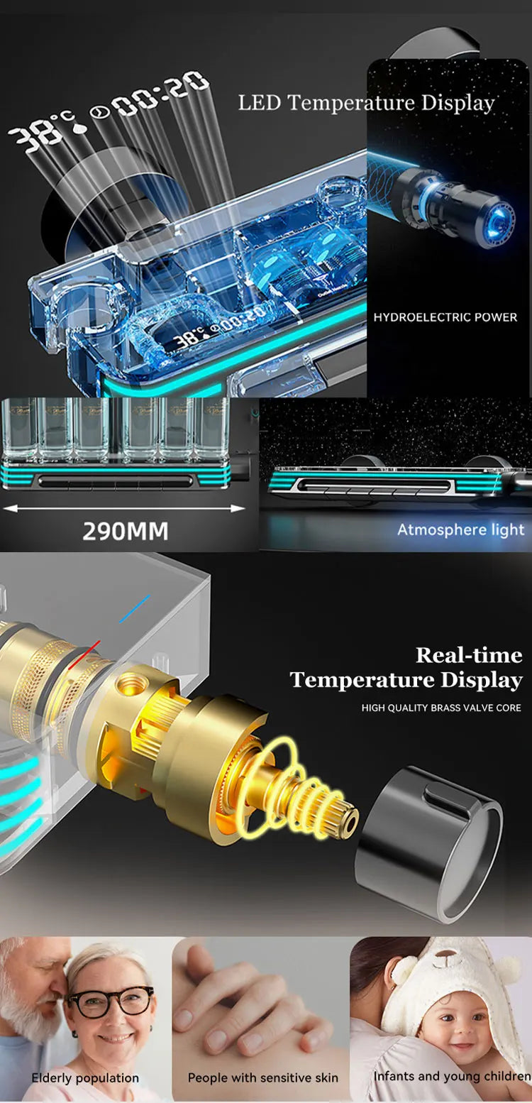 Ambient Lighting Digital Bathroom Shower System 12 Inch Rain Shower Head Waist Spray Thermostatic Digital Bathroom Shower Set