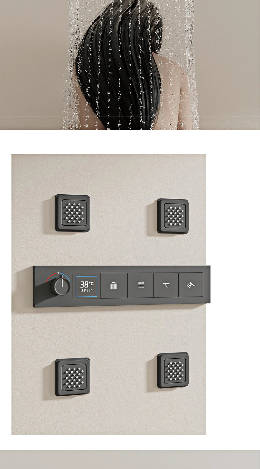 Bathroom black brass thermostatic shower set with LED digital display ceiling design,wall mounted with 4 functions Shower system