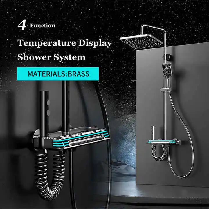 Ambient Lighting Digital Bathroom Shower System 12 Inch Rain Shower Head Waist Spray Thermostatic Digital Bathroom Shower Set