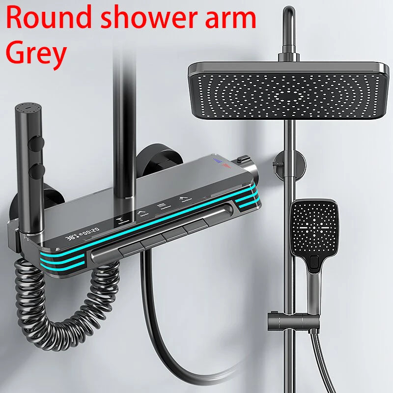 Ambient Lighting Digital Bathroom Shower System 12 Inch Rain Shower Head Waist Spray Thermostatic Digital Bathroom Shower Set
