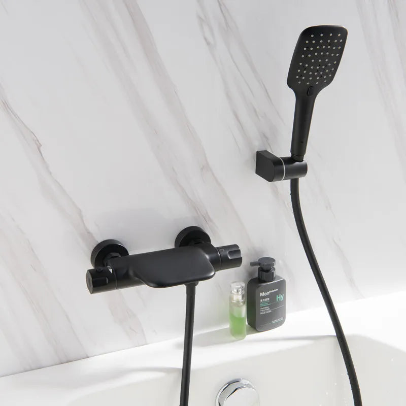 Bathtub Shower Set Wall Mounted Black Thermostatic Shower Faucet Set White Bathroom Waterfall Bath & Shower Mixer Tap Brass