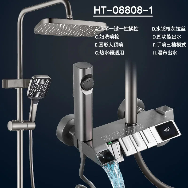 Grey Digital Shower Set Intelligent Brass Bathroom Faucets Hot Cold Waterfall Tap Rainfall Piano Design Shower System