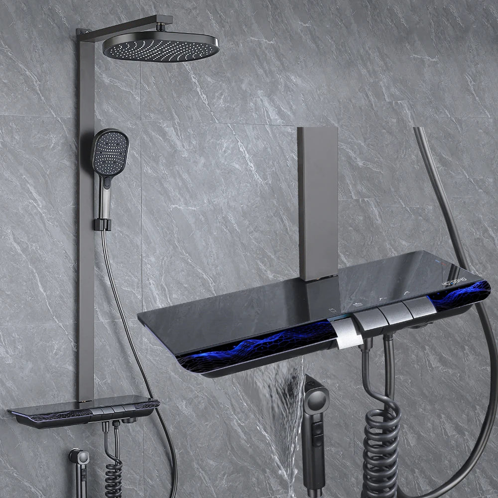 Ambient Lighting Digital Bathroom Shower System 12 Inch Rain Shower Head Waist Spray Thermostatic Digital Bathroom Shower Set